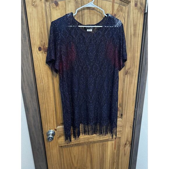 Tops - Shar Ade USA Women's Pullover Fringe Black Red Metallic‎ Size 18